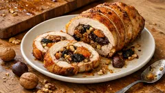 Χριστουγεννιάτικο ρολό κοτόπουλο με κάστανα και αποξηραμένα φρούτα – βγαίνει ζουμερό