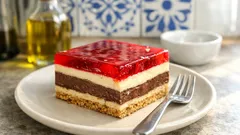 Γλυκό ψυγείου με στέβια: κρέμα βανίλιας-σοκολάτας και ζελέ φράουλας