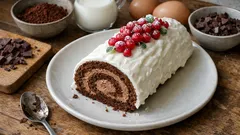 Χριστουγεννιάτικος κορμός σοκολάτας με μους και λευκό γλάσο — τυλίγεται χωρίς να σπάει