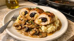 Γεμιστό ρολό κοτόπουλο με τυρί και δαμάσκηνα – σάλτσα κονιάκ που γλασάρει