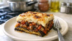 Νηστίσιμος μουσακάς με κιμά μανιταριών και κρεμώδη επικάλυψη που ροδίζει στον φούρνο