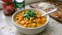 Ρεβύθια με γλυκοπατάτα και πάστα κάρυ: κρεμώδη κατσαρόλα με γάλα καρύδας