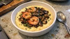 Γαρίδες με μανιτάρια σε κρεμώδη πολέντα με παρμεζάνα – κομψό και εύκολο στο σπίτι