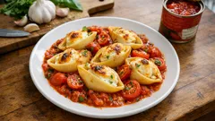 Γεμιστά κοχύλια στον φούρνο με ανθότυρο και γραβιέρα, σε σάλτσα ντομάτας