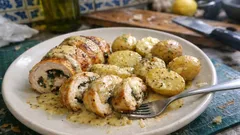 Ρολό κοτόπουλου με baby πατάτες και βελούδινη σάλτσα μουστάρδας