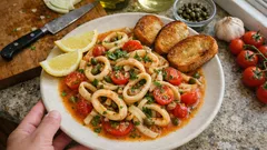 Καλαμάρι με σάλτσα κρασιού, ντοματίνια και φινόκιο – έτοιμο σε λίγα λεπτά