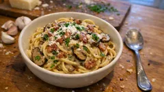 Κρεμώδης μακαρονάδα με μανιτάρια και πανσέτα – δένει τέλεια σε 20 λεπτά
