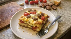 Ιταλική strata στον φούρνο: αφράτη ομελέτα με ψωμί, τυριά και λουκάνικο