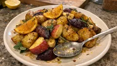 Γιορτινές πατάτες φούρνου με δαμάσκηνα, ξινόμηλα και μπίρα – μελωμένες στο ταψί