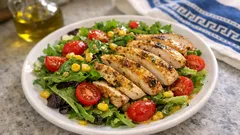 Μεσογειακή σαλάτα με ψητό κοτόπουλο και βινεγκρέτ μουστάρδας-μελιού (σε 20′)