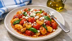 Νιόκι στο φούρνο με ντοματίνια, βασιλικό και ψημένο σκόρδο — όλα σε ένα ταψί