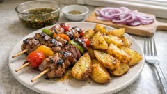 Ζουμερά χοιρινά καλαμάκια με μαρινάδα μαγιονέζας και τραγανές πατάτες φούρνου