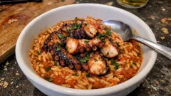 Χταπόδι με ζουμερή μανέστρα: μελωμένο κριθαράκι σε σάλτσα ντομάτας