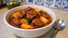 Μοσχάρι κατσαρόλας με κολοκυθάκια και πατάτες – δεμένη σάλτσα ντομάτας