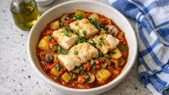 Φιλέτο μπακαλιάρου στην κατσαρόλα με πατάτες και μανιτάρια, σε σάλτσα ντομάτας