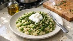 Κρεμώδες ριζότο με αρακά, φασολάκια και πέστο δυόσμου – βγαίνει πάντα al dente