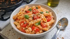 Μακαρόνια πρωτεΐνης με cottage: κρεμώδης σάλτσα με ντοματίνια & πιπεριά Φλωρίνης