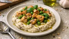 Πουρές πατάτας με μανιτάρια & τρούφα, με κοτόπουλο αρακά και βασιλικό