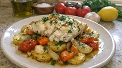 Ψάρι στον φούρνο με λαχανικά: ζουμερό και μελωμένο, σε ένα ταψί