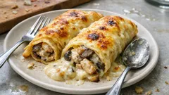 Κρέπες γεμιστές με κοτόπουλο και μανιτάρια: κρεμώδεις και χρυσαφένιες στον φούρνο