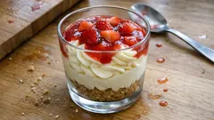Επιδόρπιο σε ποτήρι με τυρί κρέμα και κουλί φράουλας – χωρίς ψήσιμο, πάντα πετυχαίνει
