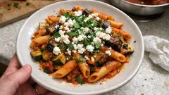 Πένες με ψητές μελιτζάνες και κολοκύθι, σάλτσα ντομάτας & ξινομυζήθρα