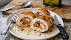 Ρολάκια κοτόπουλου γεμιστά με ζαμπόν και γραβιέρα: ρόδισμα στο τηγάνι, τελείωμα στον φούρνο