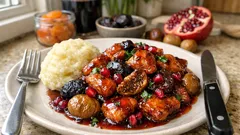 Γλυκόξινο κοτόπουλο με αποξηραμένα φρούτα: γλασαρισμένη σάλτσα που «δένει» τέλεια