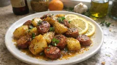 Λουκάνικα με πατάτες στο ταψί: ψήσιμο με μπίρα, μουστάρδα και πορτοκάλι (μελώνει τέλεια)