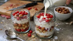 Πρωινό Αγίου Βαλεντίνου σε βαζάκι: γκρανόλα, καρύδα και κόκκινα φρούτα