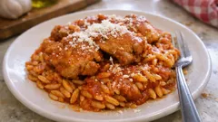 Γιουβέτσι κοτόπουλο στο φούρνο: σπυρωτό κριθαράκι και δεμένη σάλτσα ντομάτας