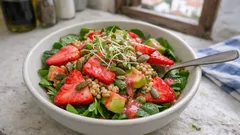 Σαλάτα με φράουλες και αβοκάντο με βελούδινη βινεγκρέτ φράουλας