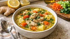 Κοτόσουπα με φιδέ που δένει μόνη της — με λεμόνι, μουστάρδα και τζίντζερ